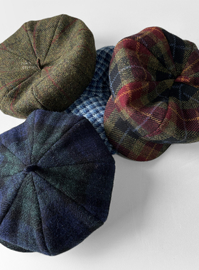 HarrisTweed粗花呢帽子圣诞复古红格大版报童帽100%纯羊毛八角帽