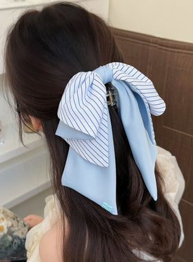 ins简约蓝色条纹马尾夹气质高级感时尚抓夹慵懒清新风鲨鱼发夹女