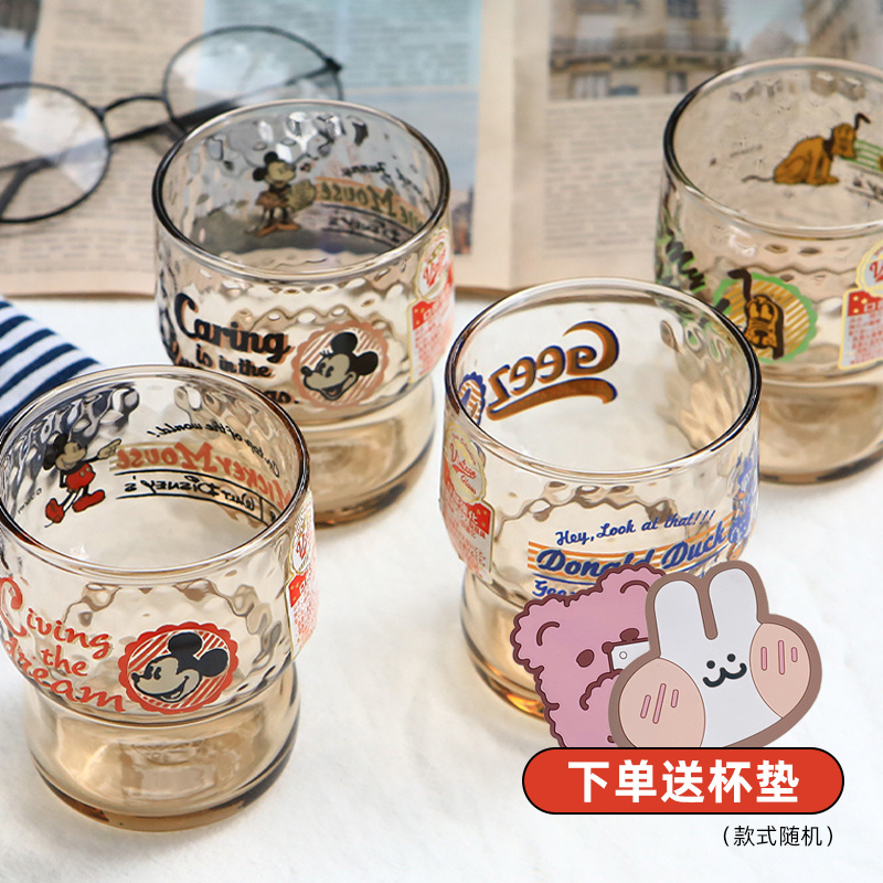 日本石冢硝子水杯迪士尼卡通网红ins果汁玻璃杯牛奶复古米奇杯子-图1