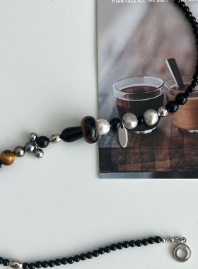 HEYJILL原创 小众设计天然虎眼石黑玛瑙珍珠不规则手工串珠项链