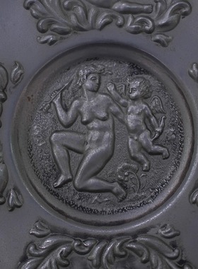 双子商店 孤品中古法国制不锈钢镀银手工浮雕爱神丘比特装饰挂盘