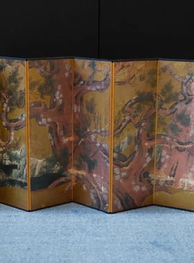 孤品中古日本制卡纸贴金箔色绘墨岩瑞松七折屏风装饰摆件