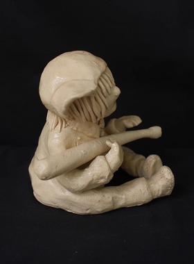 双子商店 孤品中古日本制手作手捏白陶泥棒球男孩装饰摆件