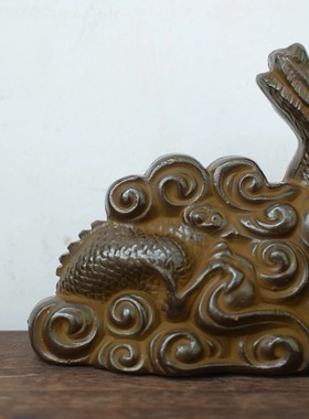 双子商店 孤品中古日本制手工陶刻柴烧生肖龙招福装饰干支摆件