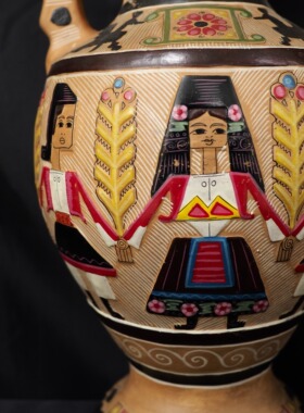 双子商店 孤品中古秘鲁制手工陶雕彩色手绘花卉人物双耳花器摆件