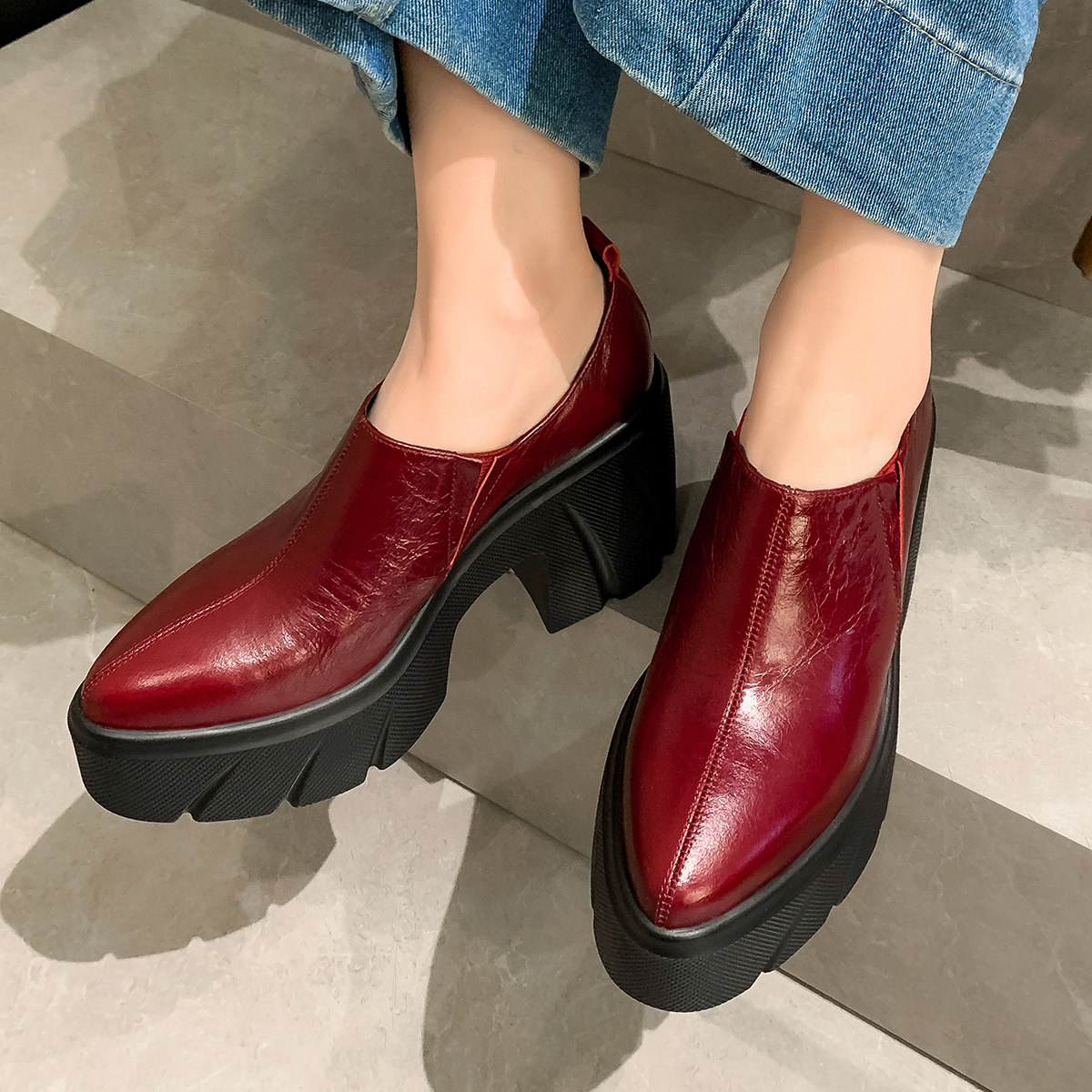 厚底增高女鞋全真皮单鞋学院风休闲鞋松糕跟尖头四季鞋粗跟乐福鞋,淘宝优惠券,粉丝福利购,淘宝优惠卷