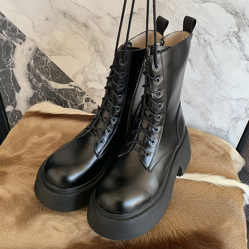 增高鞋新款女鞋粗跟厚底靴子真皮短靴系带马丁靴松糕跟机车靴短筒,淘宝优惠券,粉丝福利购,淘宝优惠卷