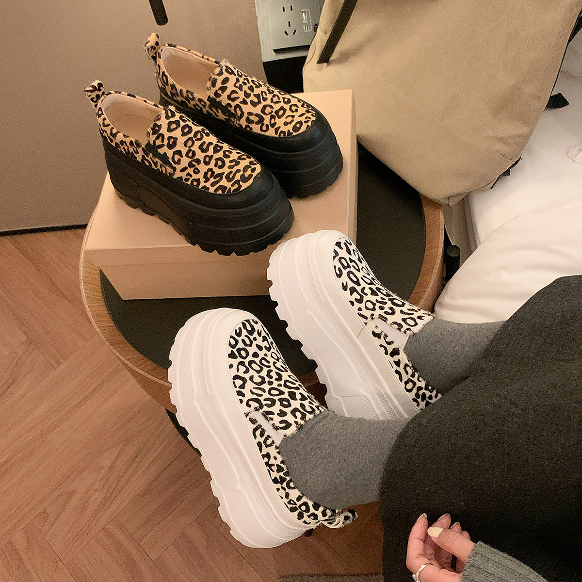 增高鞋豹纹女鞋松糕跟休闲鞋全真皮单鞋厚底四季鞋马毛乐福鞋坡跟,淘宝优惠券,粉丝福利购,淘宝优惠卷