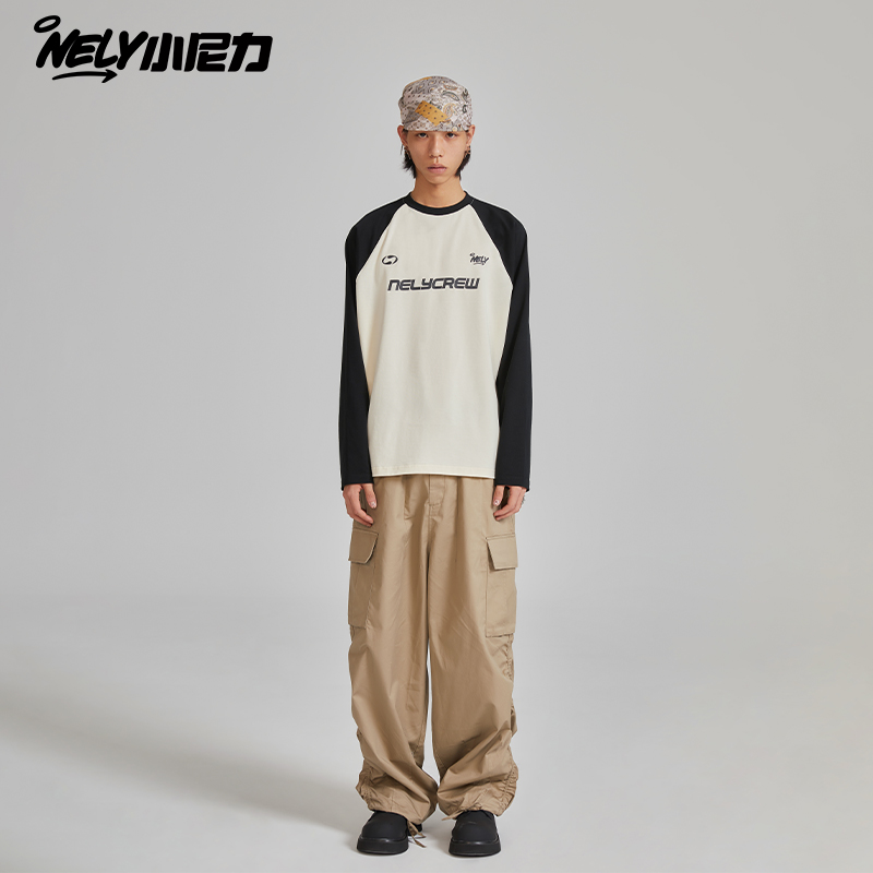 NELY小尼力美式复古字母撞色插肩袖长袖T恤纯棉秋季圆领上衣男女 - 图3