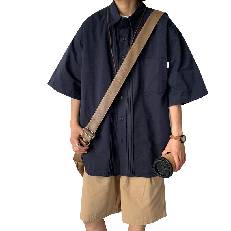 NELY小尼力日系复古工装衬衫男士短袖夏季休闲衬衣宽松半袖ins潮 - 图3