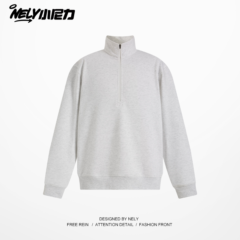 NELY小尼力重磅410g斯密绒半拉链卫衣男女潮牌宽松百搭套头上衣服 - 图0