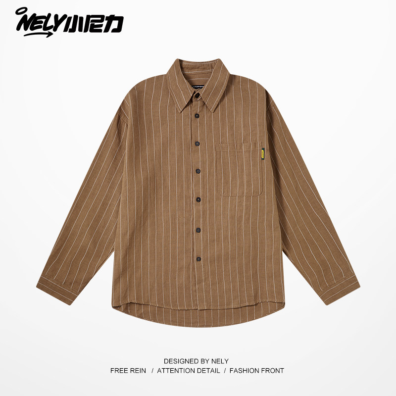 小尼力日系复古竖条纹长袖衬衫男秋季潮牌宽松情侣休闲衬衣外套,淘宝优惠券,粉丝福利购,淘宝优惠卷