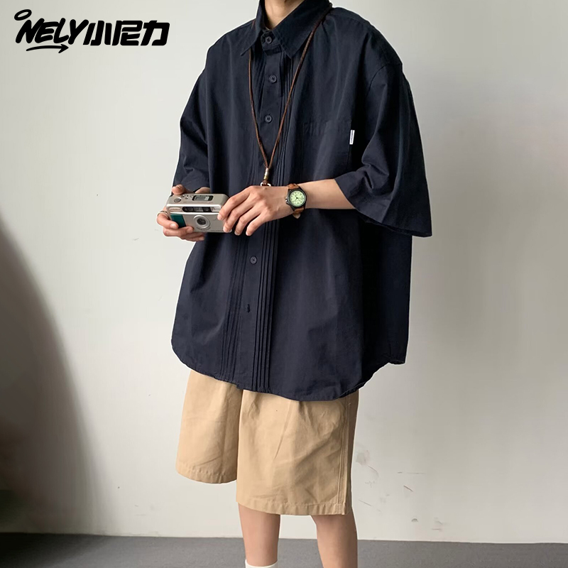 NELY小尼力日系复古工装衬衫男士短袖夏季休闲衬衣宽松半袖ins潮 - 图0