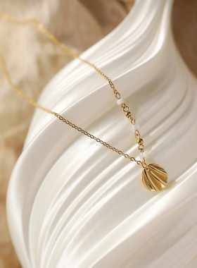 GGW 天然贝壳马蹄螺贝珠折扇钛钢项链气质轻奢新中式吊坠锁骨链