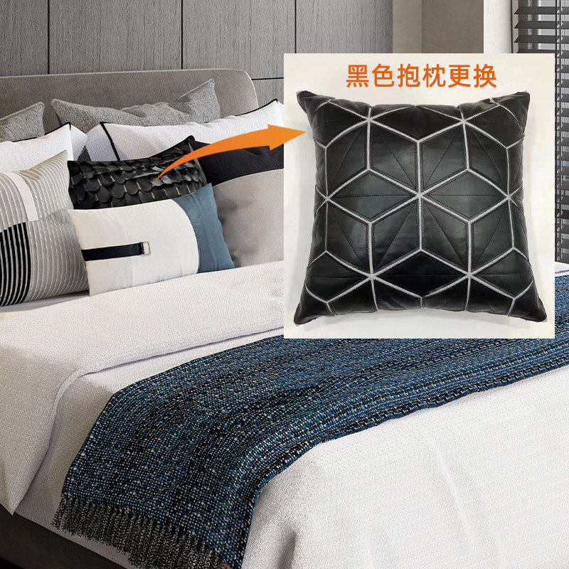 现代简约样板间床品蓝色轻奢多件套意式别墅极简风样板房床上用品_虎窝淘