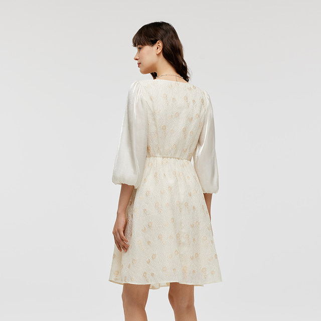 30% off | Gloria Puff Sleeve Dress Women's Autumn Temperament Jacquard Three-quarter Sleeve A-Line Skirt