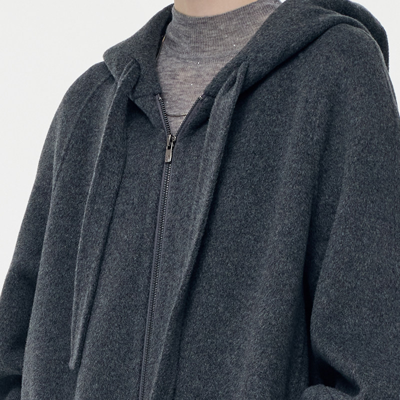 首降|歌莉娅灰色全羊毛大衣女冬季连帽拉链双面毛呢中长款外套,淘宝优惠券,粉丝福利购,淘宝优惠卷