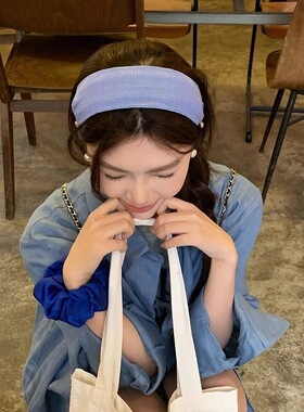 蓝色发箍春夏简约宽边格子发卡韩