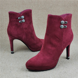 35卡迪娜断码处理女鞋真皮高跟侧拉链时尚羊皮里全皮红色婚鞋短靴