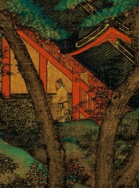 包邮1:1唐 李思训 江帆楼阁图绢本设色青绿山水古代名画微喷复制