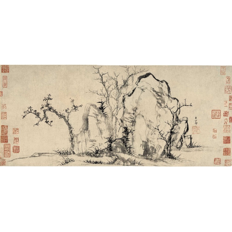 1:1元赵孟頫 秀石疏林图横图中国古代名家名画山水画原大微喷复制 - 图3