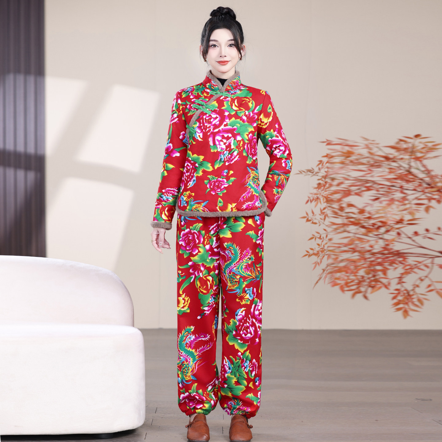 东北大花加绒套装女式长袖改良版旗袍领保暖棉服民族风棉裤两件套,淘宝优惠券,粉丝福利购,淘宝优惠卷