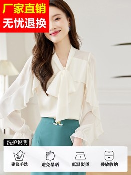 2024 Spring New Elegant Bow Black Chiffon Shirt Temperament Top V-Neck ເສື້ອບາງໆສຳລັບຜູ້ຍິງ