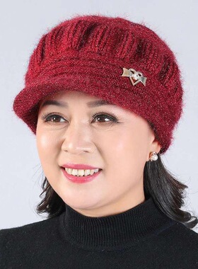 冬季加绒保暖中老年女短檐针织帽