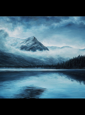 50*70cm 手绘 写实油画  山 云雾 湖水 迷雾 LJL涂 挂画 风景