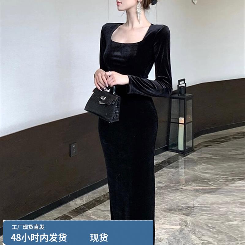 赫本风小黑裙高级感法式宴会气质巨好看打底黑色丝绒连衣裙女秋冬 - 图1