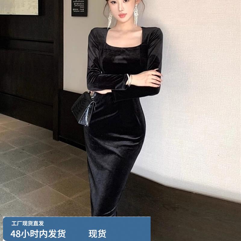 赫本风小黑裙高级感法式宴会气质巨好看打底黑色丝绒连衣裙女秋冬 - 图0