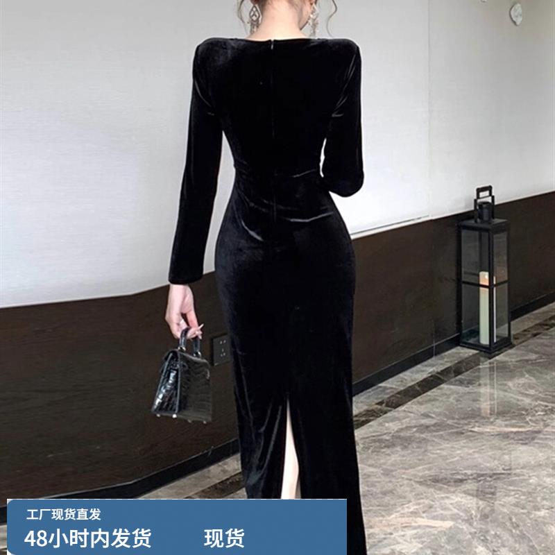 赫本风小黑裙高级感法式宴会气质巨好看打底黑色丝绒连衣裙女秋冬 - 图2