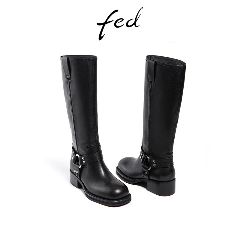 Fed full head layer cowhide autumn and winter women's shoes retro genuine leather thick heel boots women's high boots western boots knight boots women