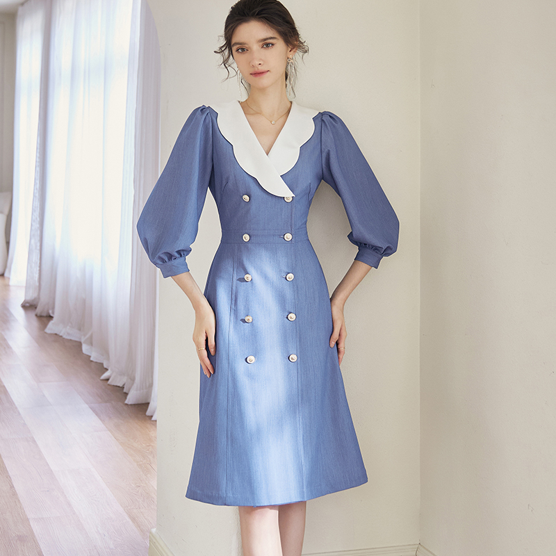 罗衣知性牛仔蓝西装连衣裙2025秋装新款灯笼袖拼接缎面A摆裙06978 - 图0