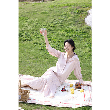 Spot MOLIFUSU Lyocell cotton and linen retro French picnic long-sleeved A-line long shirt skirt dress