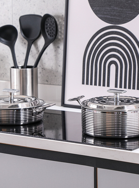 轻奢系样板间厨房组合装饰品摆件汤锅煎锅具不锈钢螺纹软装道具