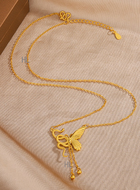 S999足银灵蛇与蝶蝴流苏项链女轻奢小众设计不对称高级感锁骨