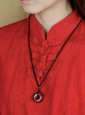 天然原矿朱砂平安扣吊坠挂件项链