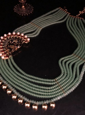 欧美复古风时尚多层绿色算盘石头串珠项链高级设计感珐琅釉毛衣链