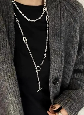 春夏新款银色超长猪鼻子项链多种戴法时髦气质叠戴OT扣链毛衣链