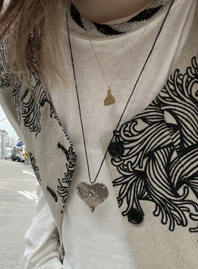 韩国小众韩素希同款项链抽绳可调节做旧大爱心手工纹理长款毛衣链