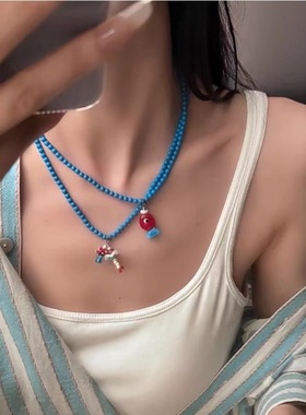 夏款小鱼蘑菇蓝色串珠项链小众设计感多巴胺彩色吊坠叠戴锁骨链女