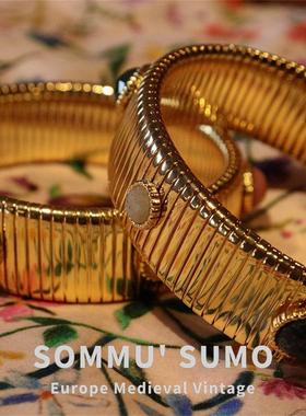 GAS同款天然宝石玛瑙金色复古vintage弹簧手镯女轻奢小众精致叠戴