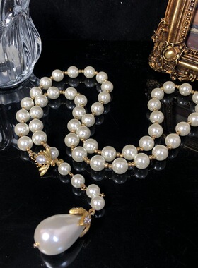 中古vintage设计感小蜜蜂锁扣珍珠串珠项链水滴吊坠耳钉套装