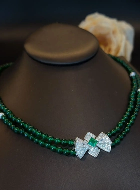 高级感铜镶锆蝴蝶结吊坠绿色串珠项链女小众设计时尚通勤饰品