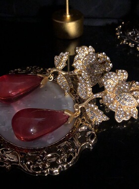 中古vintage耳环镶钻玫瑰花水滴耳饰轻奢复古感耳夹气质百搭