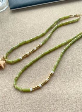 国潮中国风小众设计清新橄榄绿色玉石竹节串珠简约短款项链锁骨链