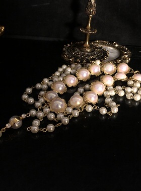 赫本风仿珍珠流苏项链西洋中古感颈链毛衣链欧美