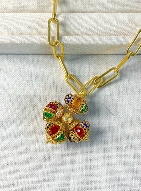 欧美风中古vintage轻奢十字彩色宝石项链女式毛衣链独特小众配饰