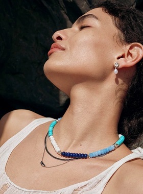 夏款天然石串珠氛围潮涌项链多色彩珠设计感小众锁骨链海蓝宝颈链